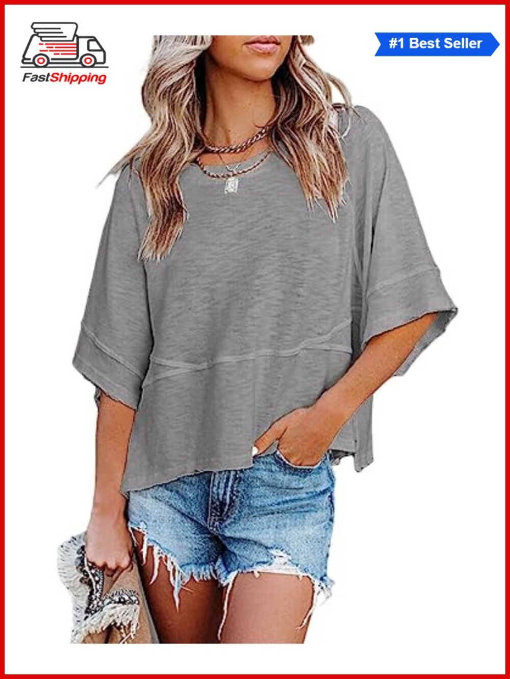 Women's Cotton Blend 3/4 Sleeve Loose Fit Crewneck T-Shirt Casual Summer Top